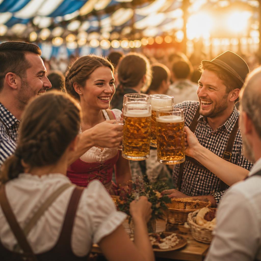 Freunde stoßen mit Maßkrügen im Festzelt an