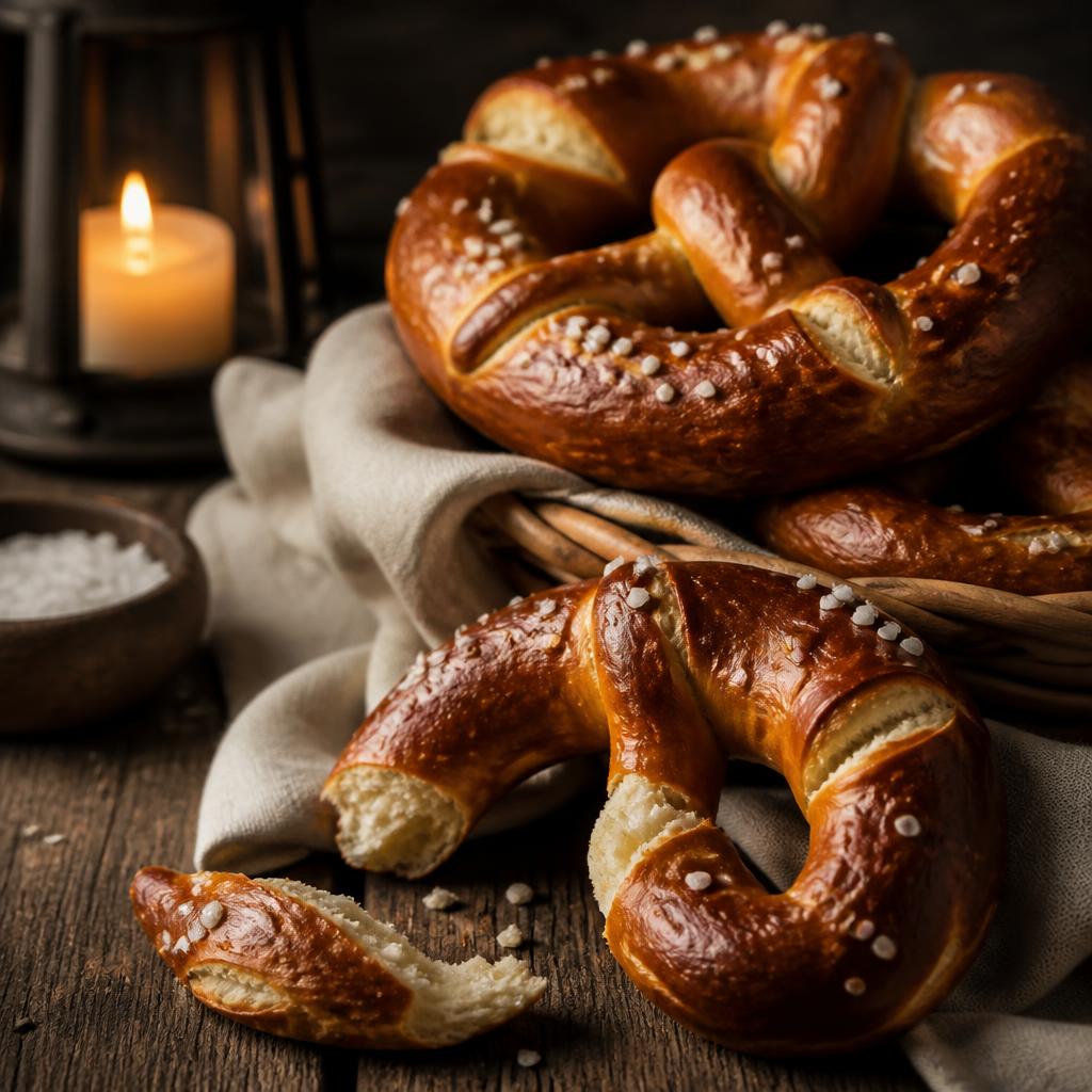Frische bayrische Brezeln auf einem Holztisch